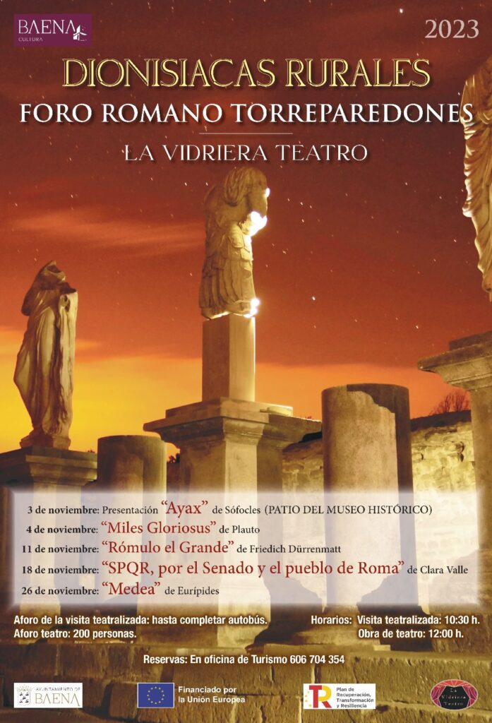 Cartel del evento cultural Dionisíacas Rurales en Torreparedones, en el que aparece unas ruinas romanas con columnas y algunas estatuas, sobre una atardecer rojizo