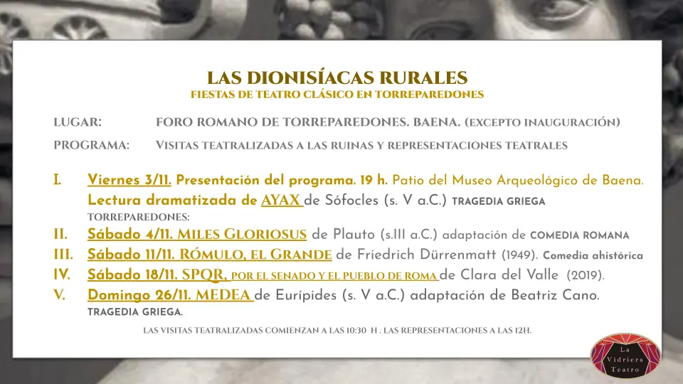 Programa de LAS DIONISÍACAS RURALES, fiestas de teatro clásico en TORREPAREDONES.