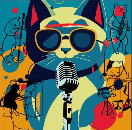 Dibujo estilo Warhol de gato con gafas cantando jazz y otras siluetas de gatos tocando instrumentos de jazz